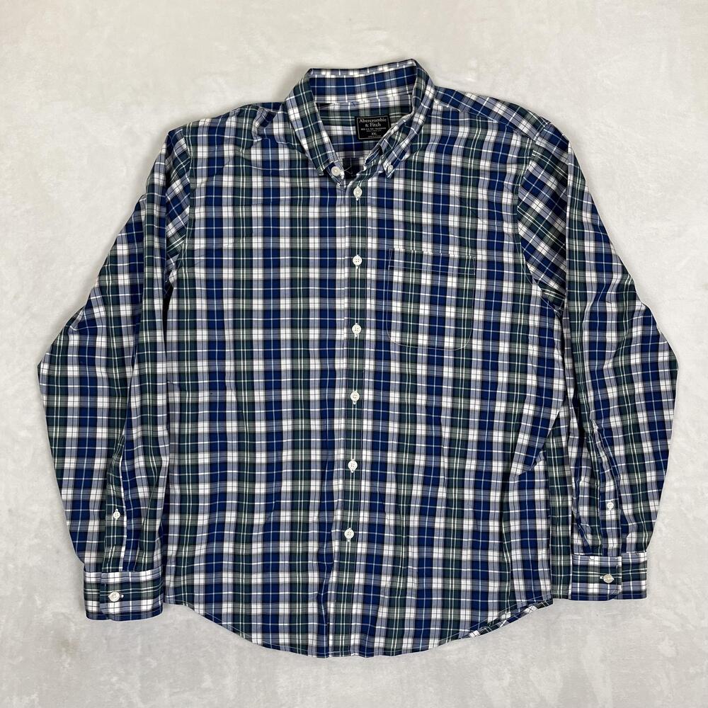 Abercrombie & Fitch Shirt Mens 2XL Blue Plaid Long Sleeve Button Up Casual